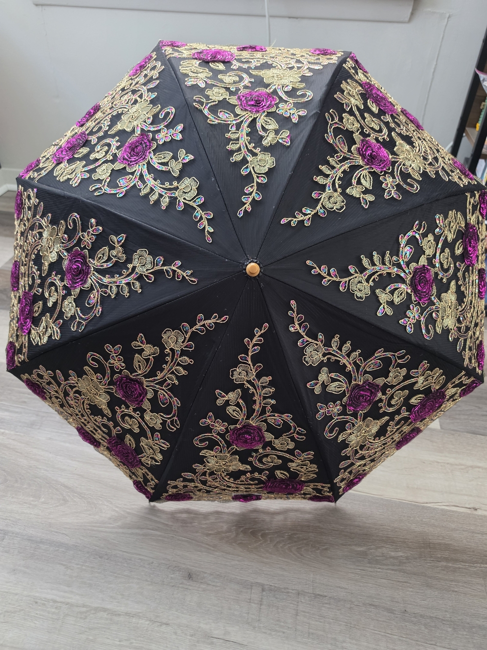 Amazon Black Umbrella with Gold Embroidery and Purple Floral Accents